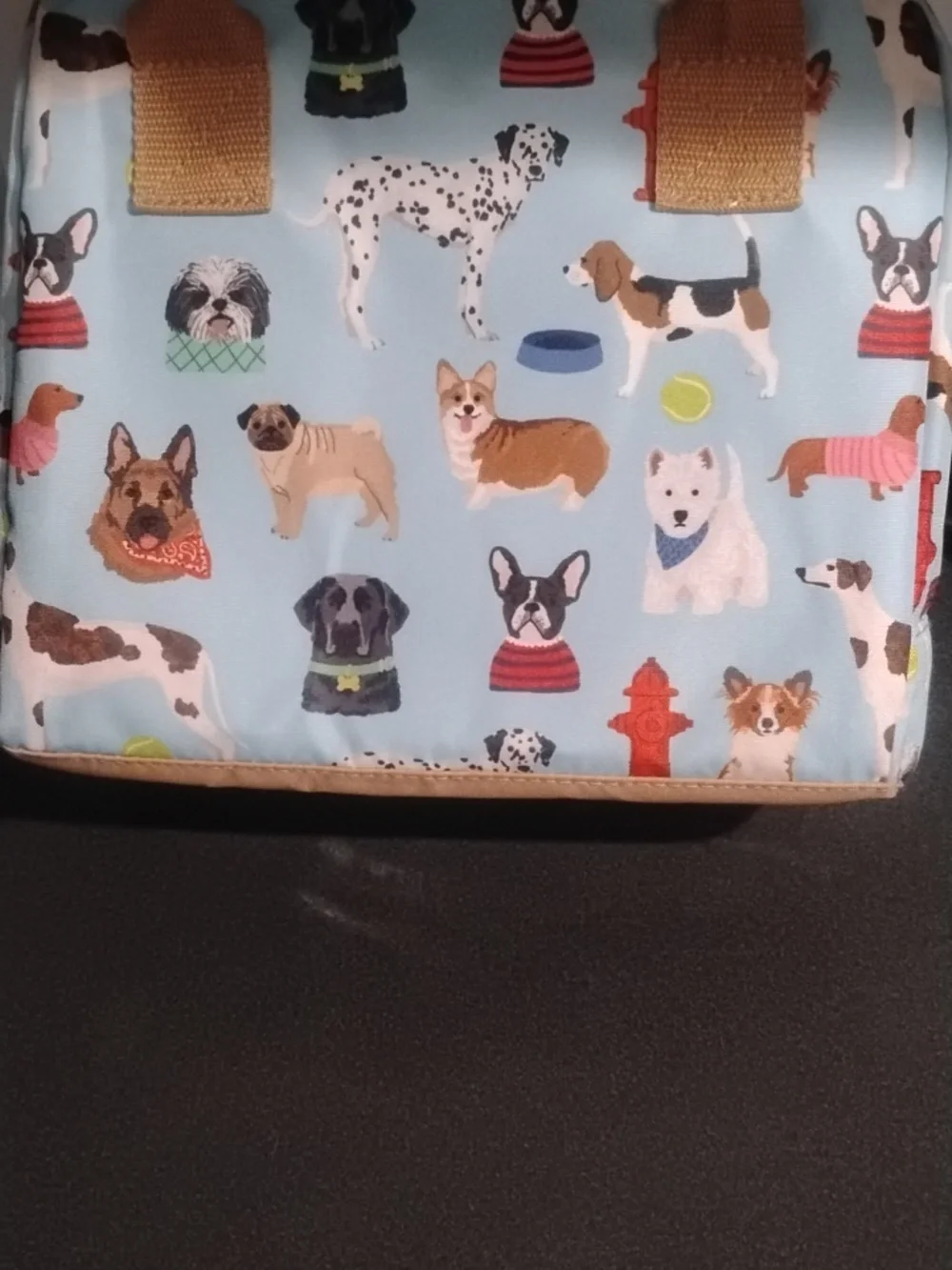 Blue Dog Print Lunch Tote with Tan Handles